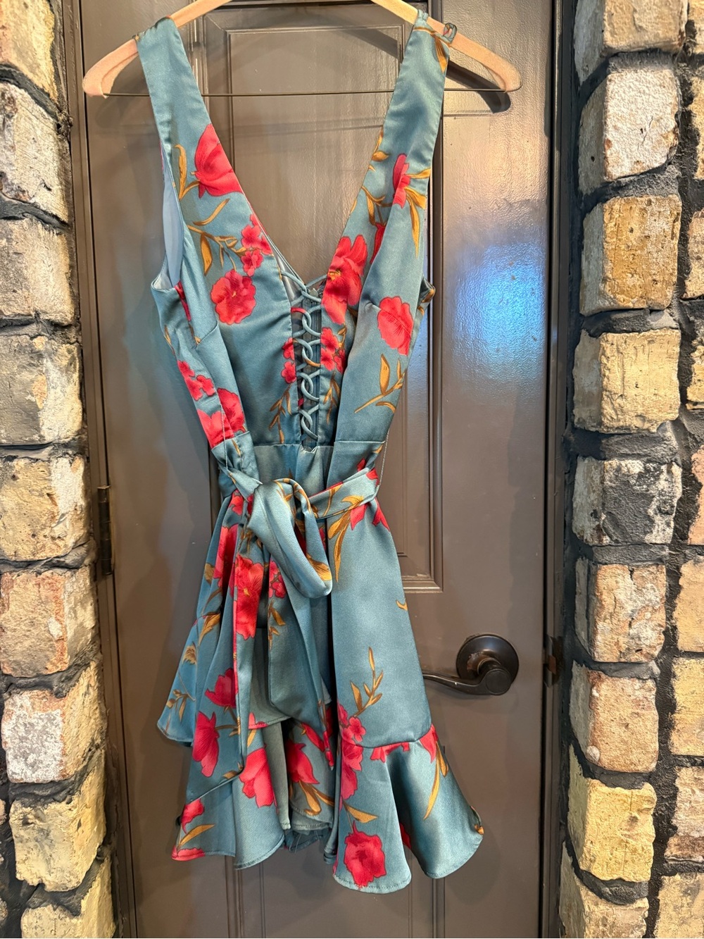 Selfie Leslie Teal Mini Dress Jumper with Pink Floral Print